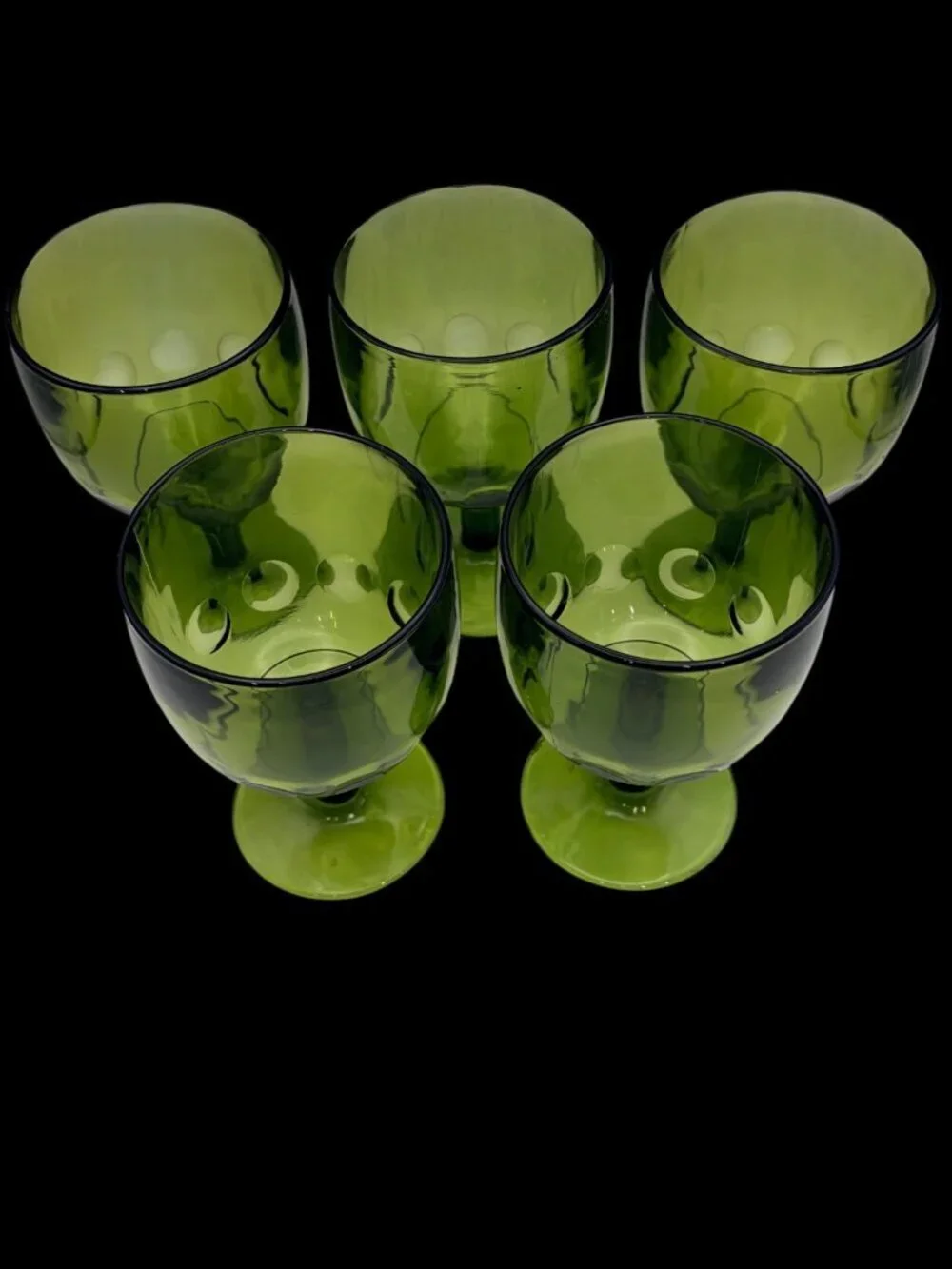 Vintage Bartlett Collin 1970s Avocado Green Thumbprint Goblets –Coin Dot Glasses